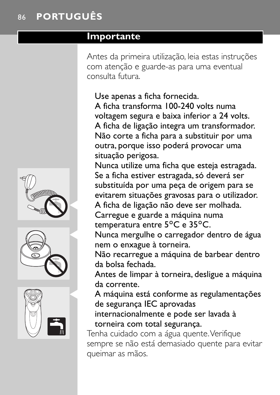 Português 86 | Philips Rasoir électrique User Manual | Page 84 / 112