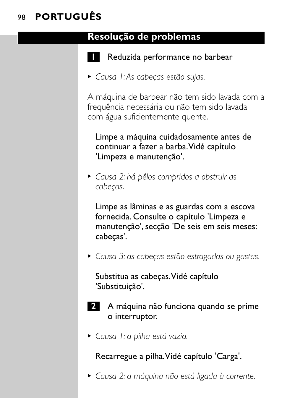 Resolução de problemas, Português | Philips Rasoir électrique User Manual | Page 96 / 112