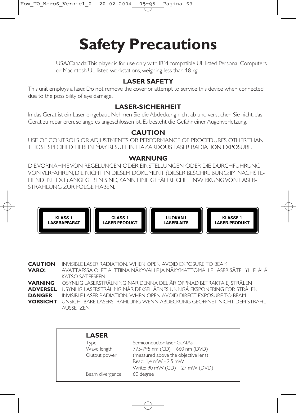 Safety precautions | Philips Lecteur interne User Manual | Page 63 / 64