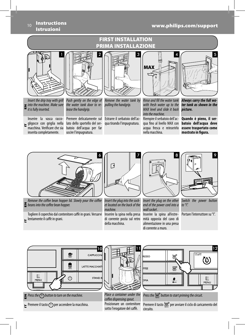 First installation prima installazione | Philips Saeco Moltio Machine espresso Super Automatique User Manual | Page 10 / 80