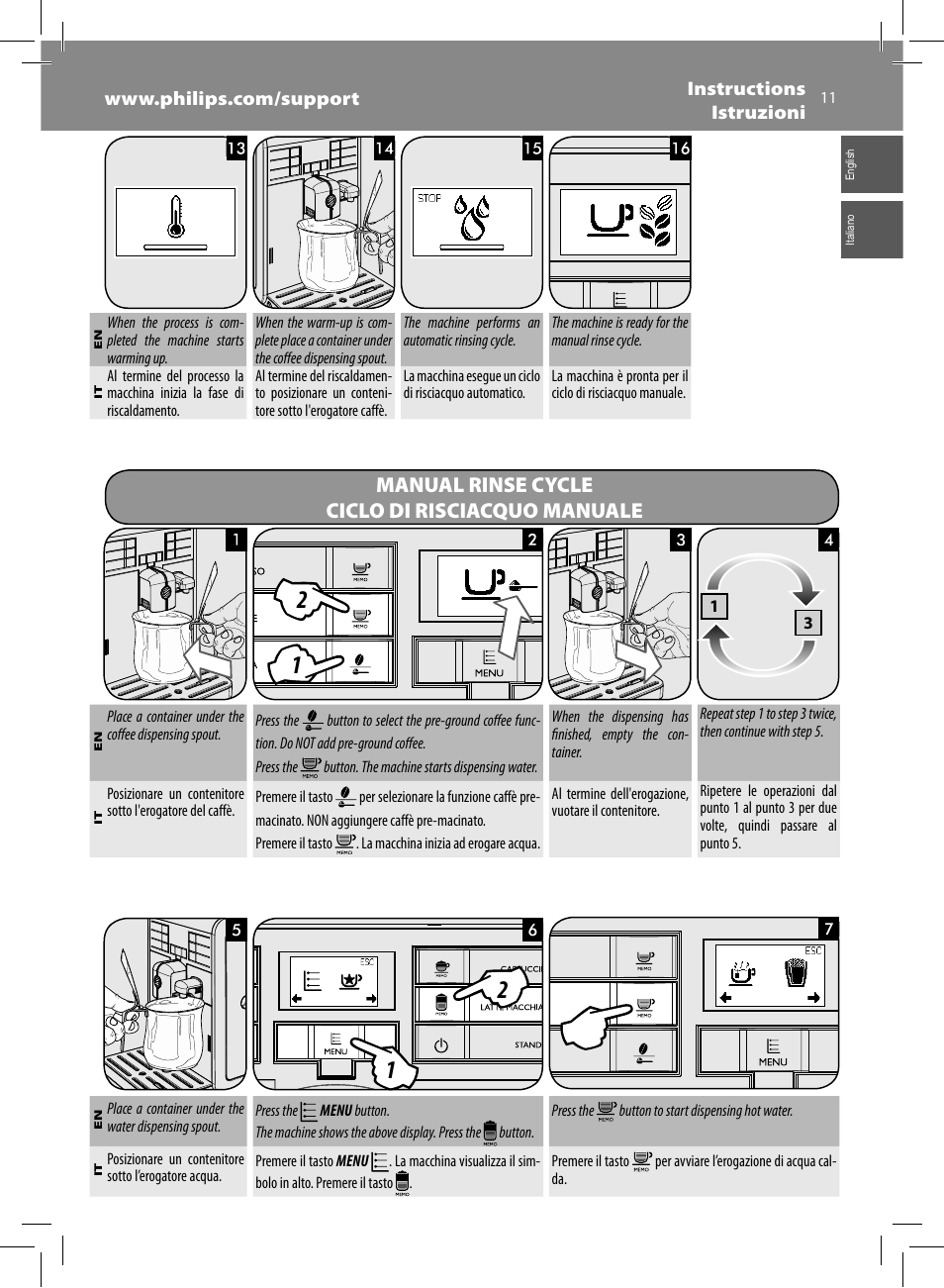 Manual rinse cycle ciclo di risciacquo manuale | Philips Saeco Moltio Machine espresso Super Automatique User Manual | Page 11 / 80