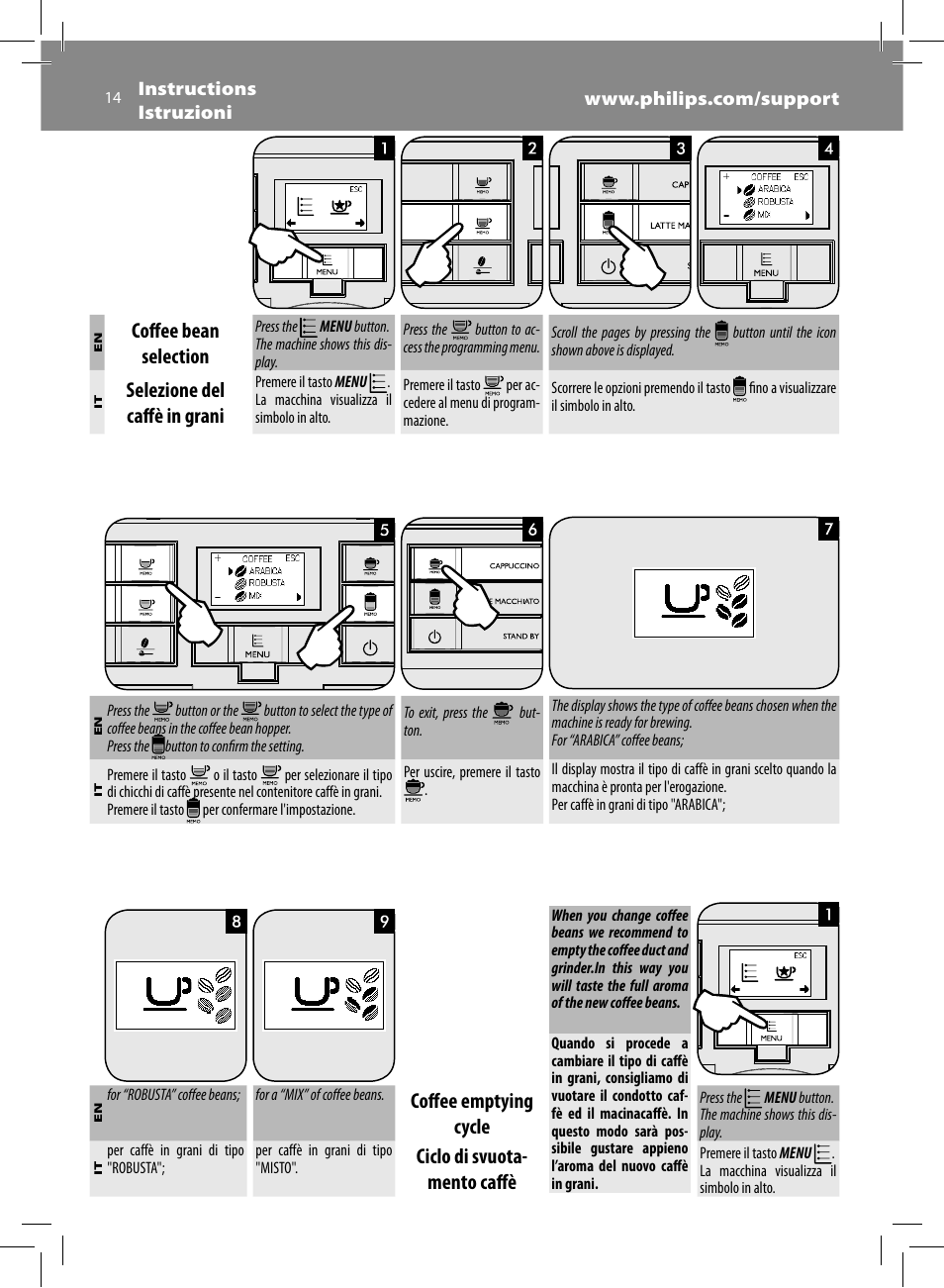 Coff ee bean selection, Selezione del caff è in grani, Coff ee emptying cycle | Ciclo di svuota- mento caff è | Philips Saeco Moltio Machine espresso Super Automatique User Manual | Page 14 / 80