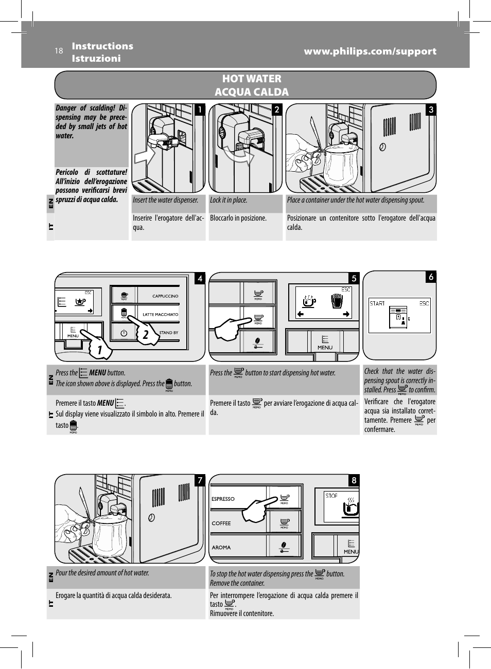Hot water acqua calda | Philips Saeco Moltio Machine espresso Super Automatique User Manual | Page 18 / 80