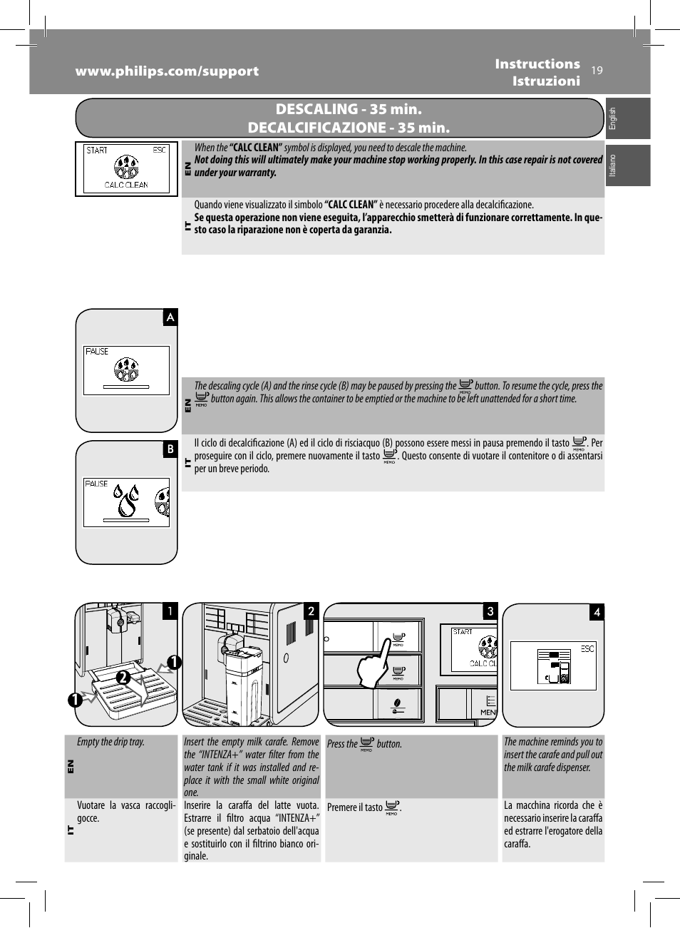 Descaling - 35 min. decalcificazione - 35 min | Philips Saeco Moltio Machine espresso Super Automatique User Manual | Page 19 / 80