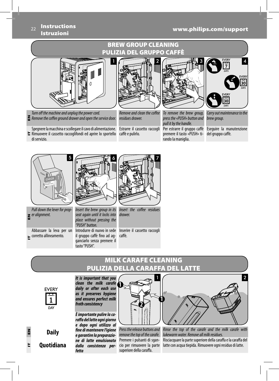 Daily, Quotidiana, Brew group cleaning pulizia del gruppo caffè | Philips Saeco Moltio Machine espresso Super Automatique User Manual | Page 22 / 80