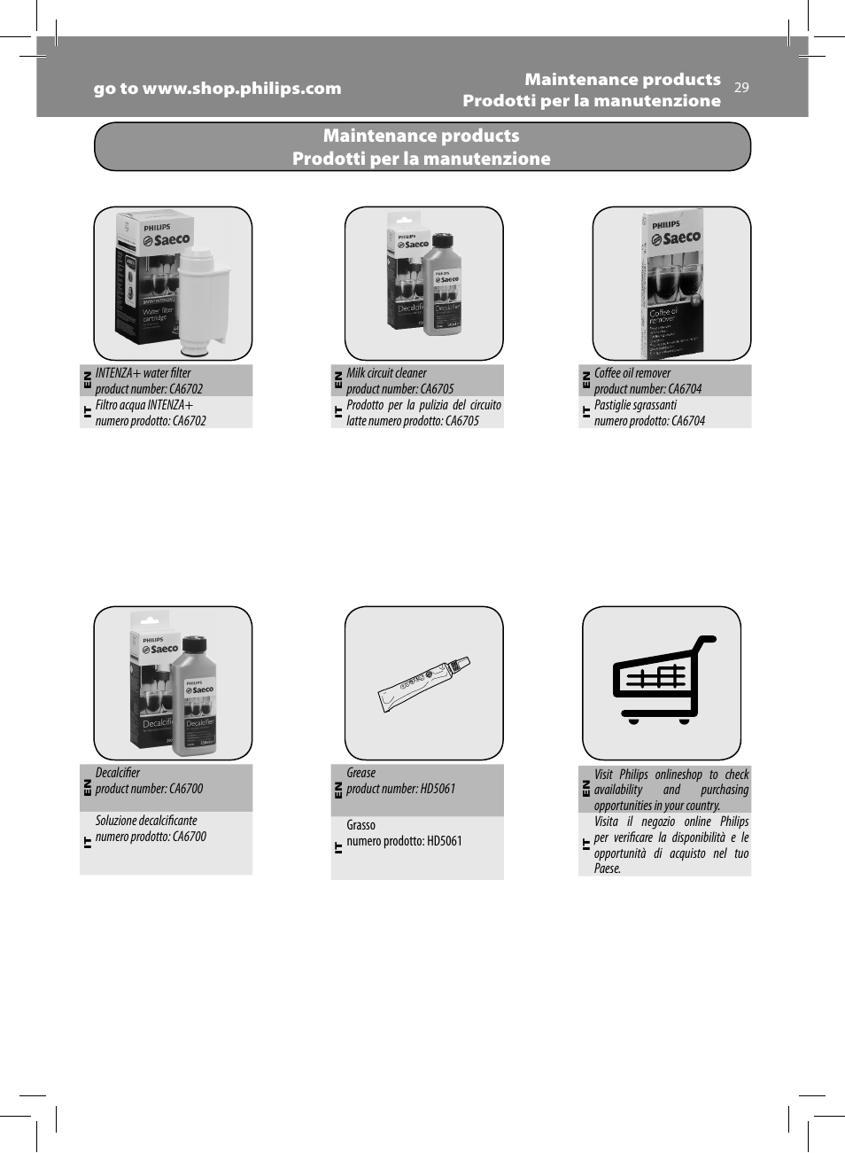Maintenance products prodotti per la manutenzione | Philips Saeco Moltio Machine espresso Super Automatique User Manual | Page 29 / 80