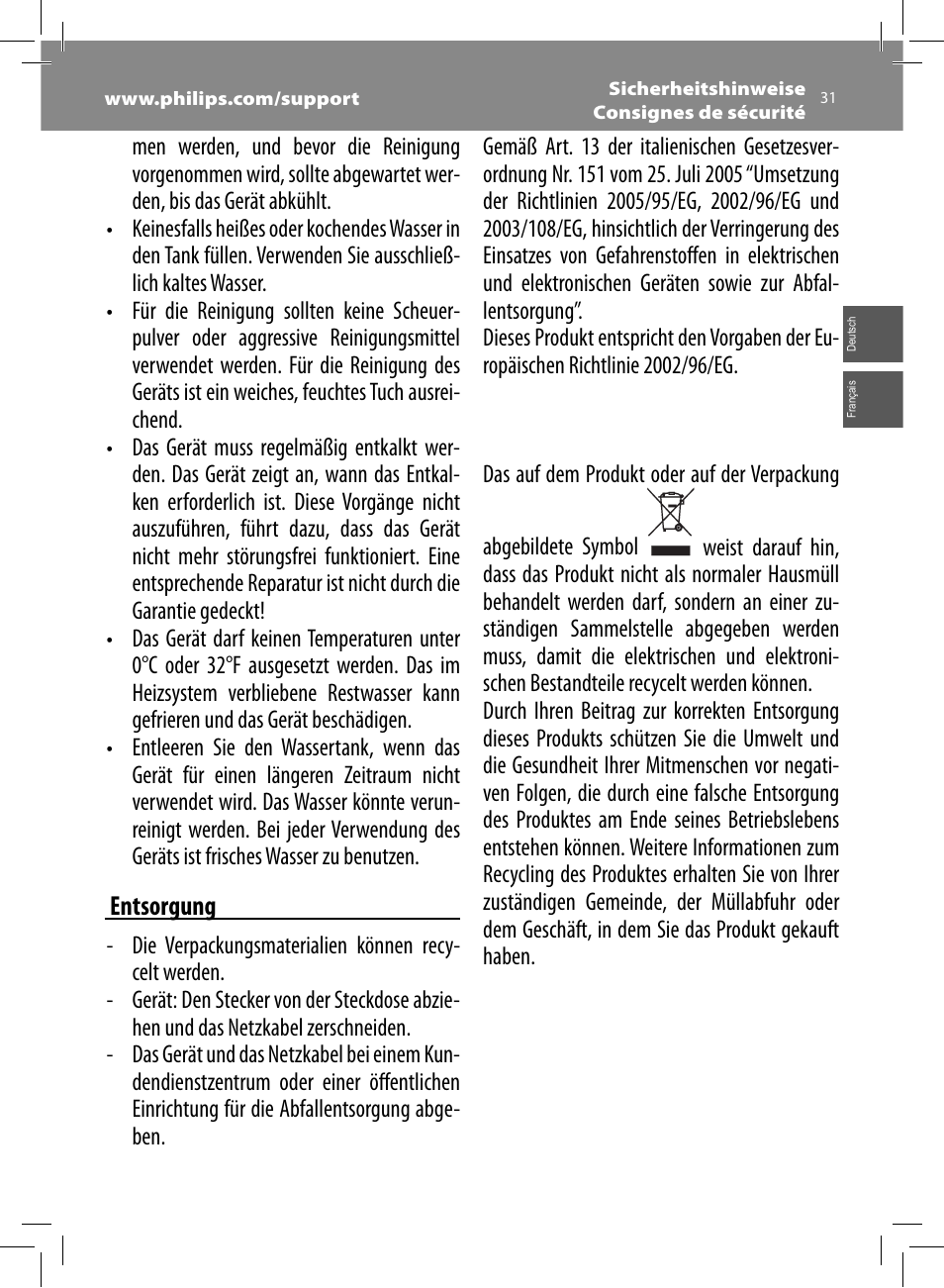 Entsorgung | Philips Saeco Moltio Machine espresso Super Automatique User Manual | Page 31 / 80