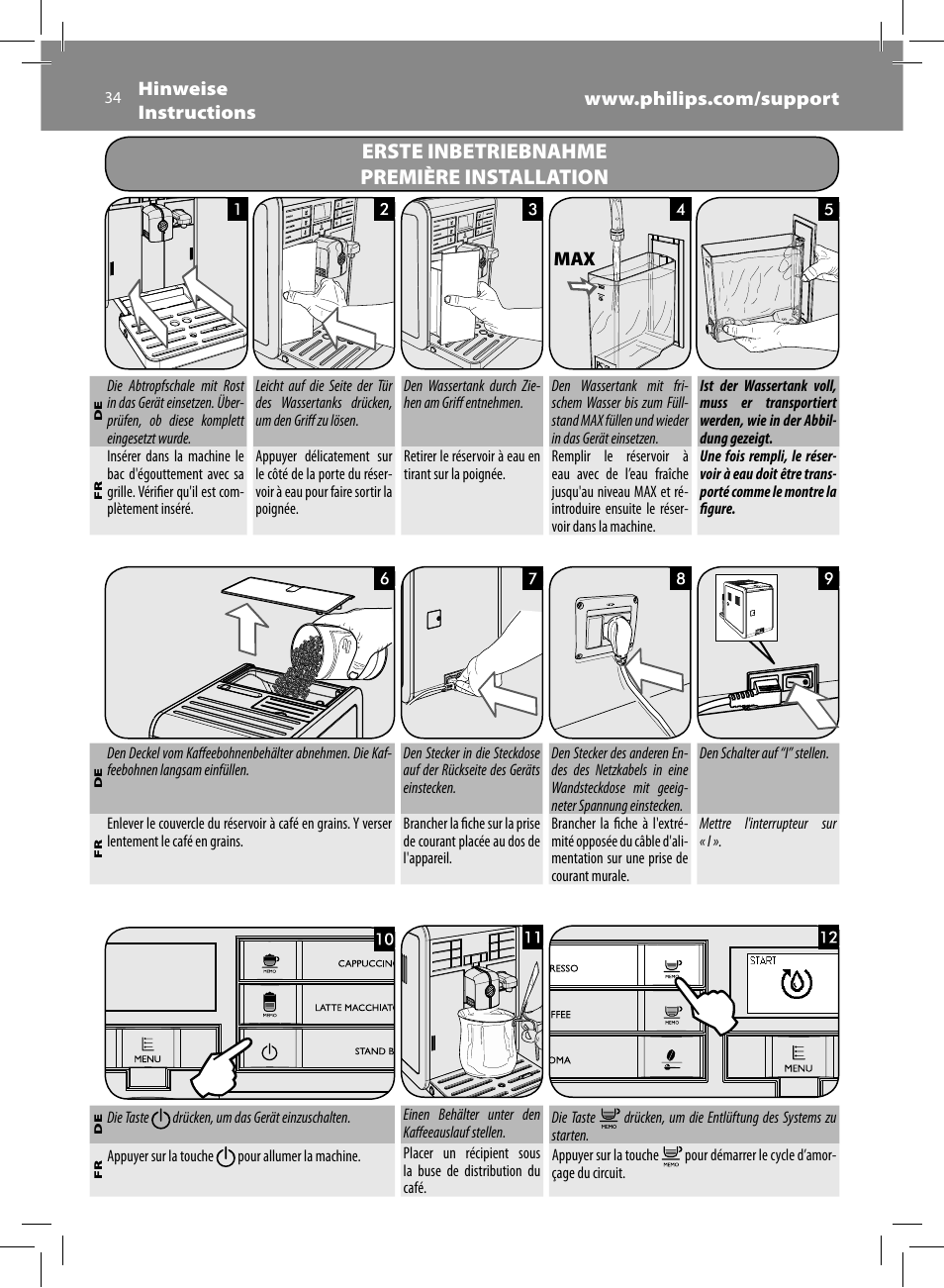 Erste inbetriebnahme première installation | Philips Saeco Moltio Machine espresso Super Automatique User Manual | Page 34 / 80