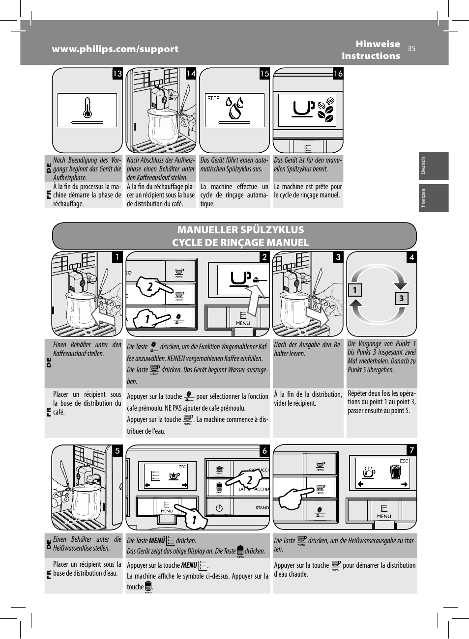 Manueller spülzyklus cycle de rinçage manuel | Philips Saeco Moltio Machine espresso Super Automatique User Manual | Page 35 / 80