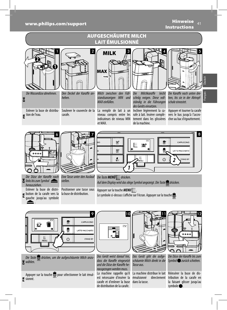 Milk, Aufgeschäumte milch lait émulsionné | Philips Saeco Moltio Machine espresso Super Automatique User Manual | Page 41 / 80