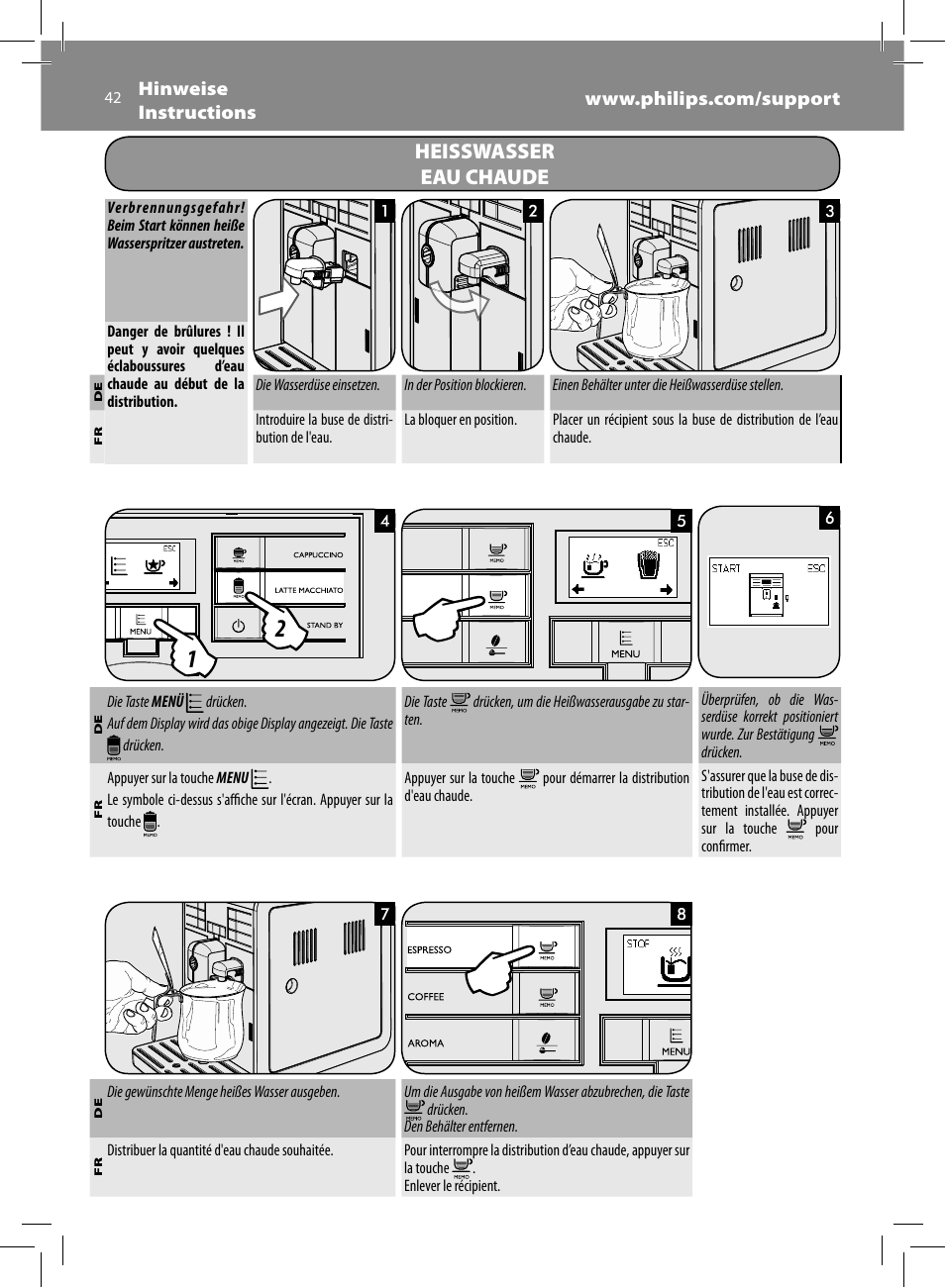 Heisswasser eau chaude | Philips Saeco Moltio Machine espresso Super Automatique User Manual | Page 42 / 80