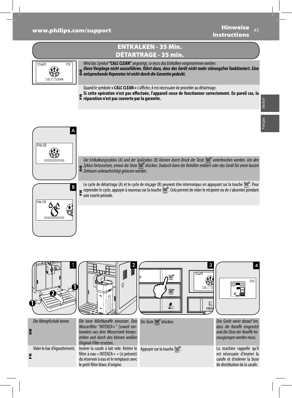 Entkalken - 35 min. détartrage - 35 min | Philips Saeco Moltio Machine espresso Super Automatique User Manual | Page 43 / 80