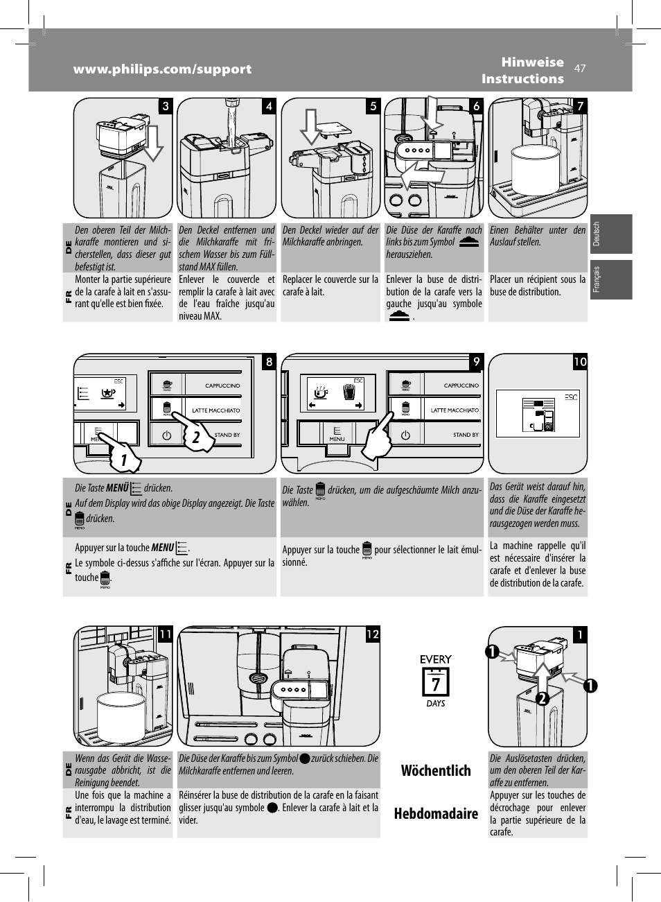 Wöchentlich, Hebdomadaire | Philips Saeco Moltio Machine espresso Super Automatique User Manual | Page 47 / 80