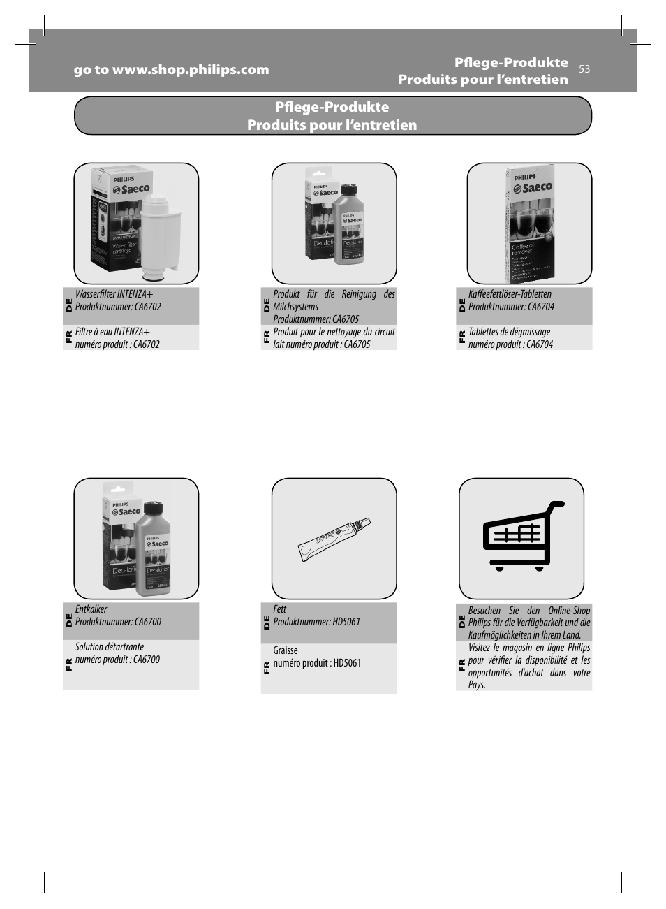 Pfl ege-produkte produits pour l’entretien | Philips Saeco Moltio Machine espresso Super Automatique User Manual | Page 53 / 80