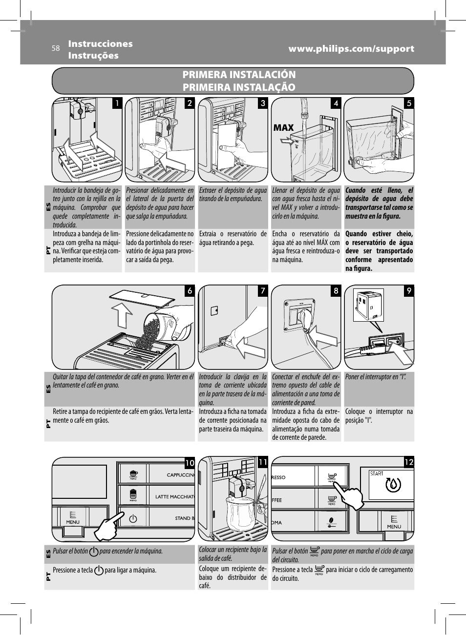 Primera instalación primeira instalação | Philips Saeco Moltio Machine espresso Super Automatique User Manual | Page 58 / 80