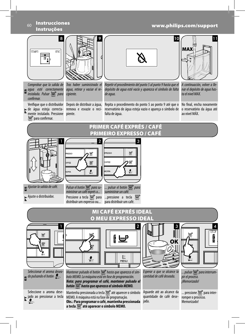 Primer café exprés / café primeiro expresso / café, Mi café exprés ideal o meu expresso ideal | Philips Saeco Moltio Machine espresso Super Automatique User Manual | Page 60 / 80