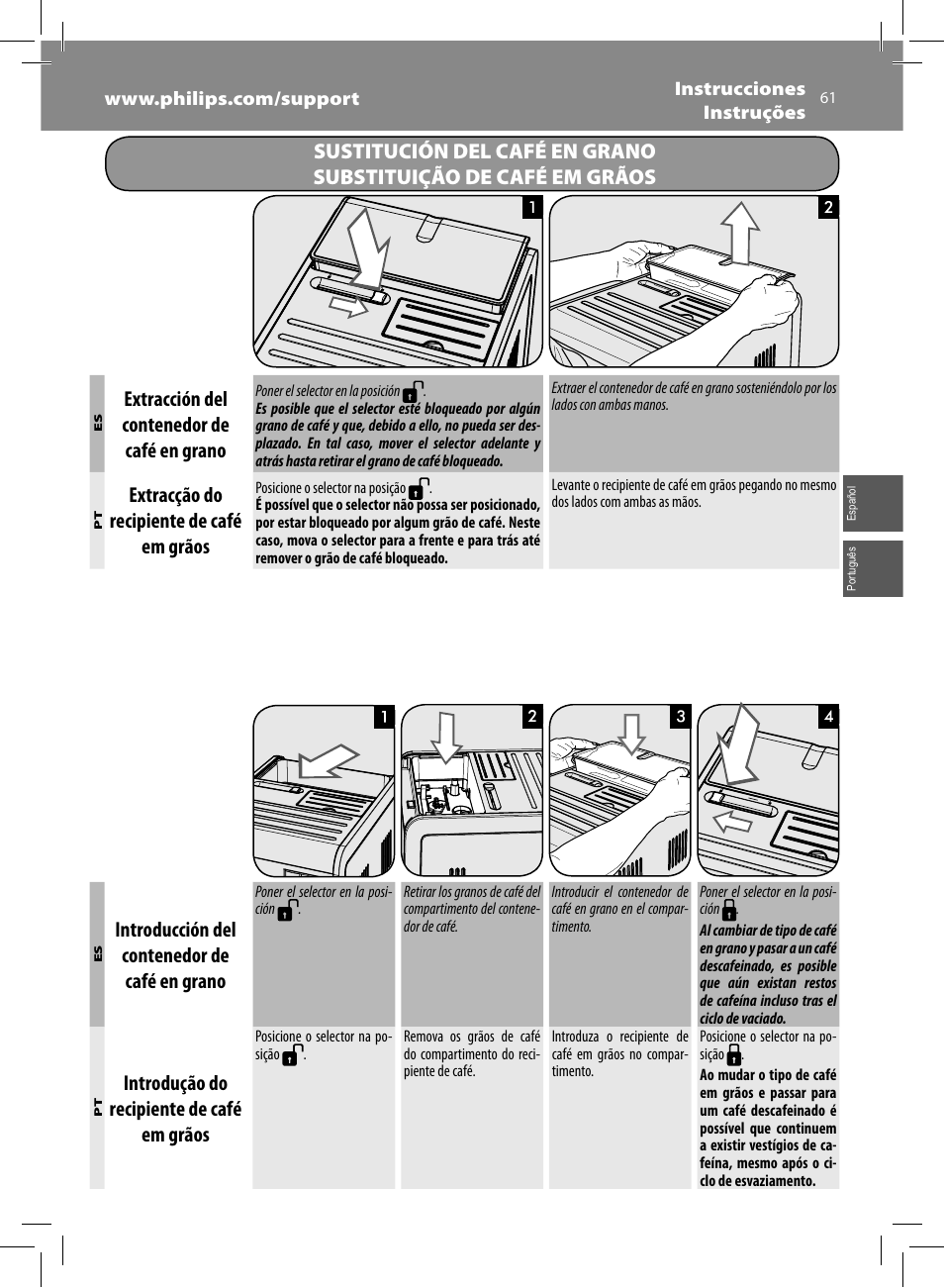 Extracción del contenedor de café en grano, Extracção do recipiente de café em grãos, Introducción del contenedor de café en grano | Introdução do recipiente de café em grãos | Philips Saeco Moltio Machine espresso Super Automatique User Manual | Page 61 / 80