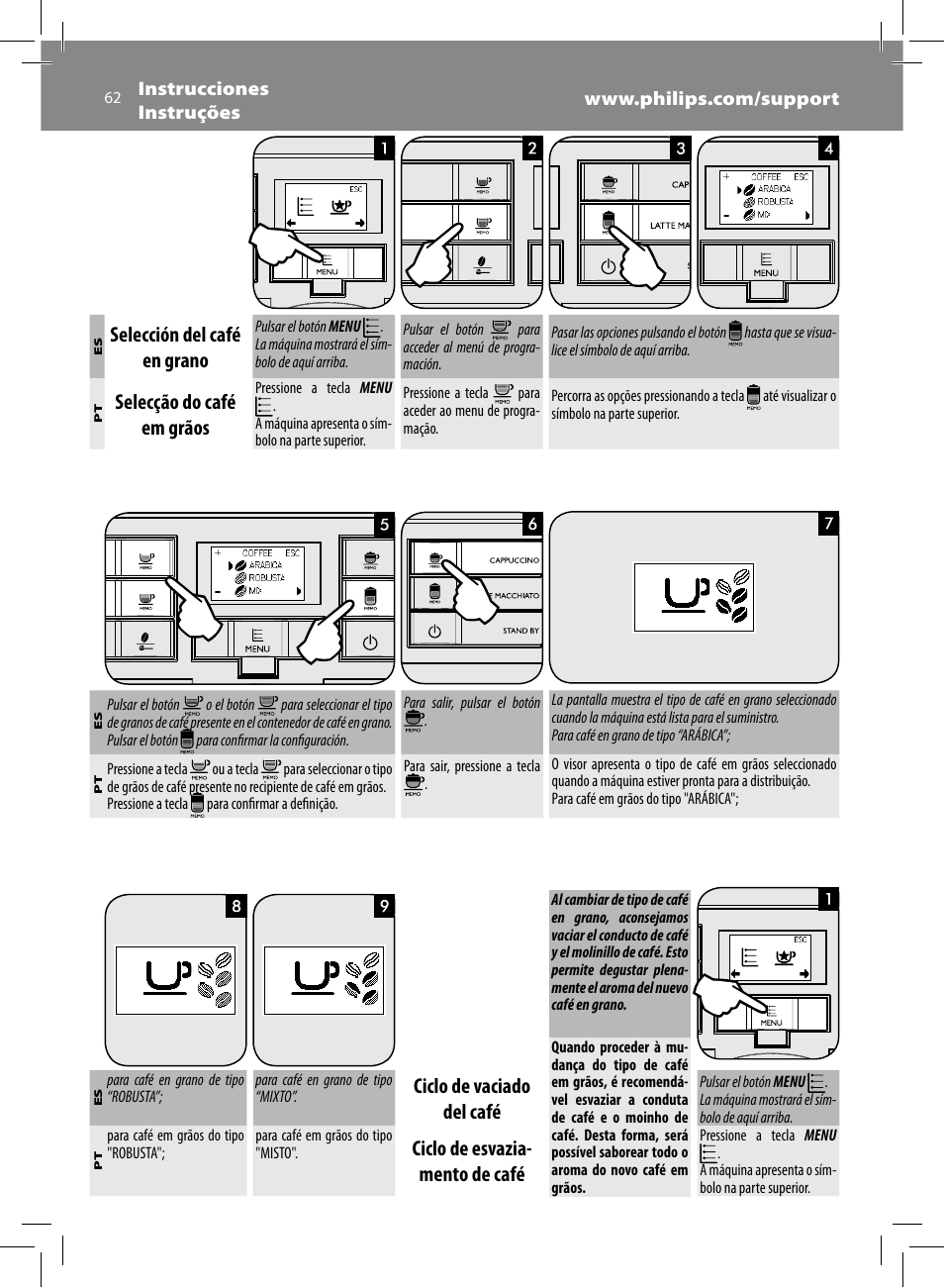 Selección del café en grano, Selecção do café em grãos, Ciclo de vaciado del café | Ciclo de esvazia- mento de café | Philips Saeco Moltio Machine espresso Super Automatique User Manual | Page 62 / 80