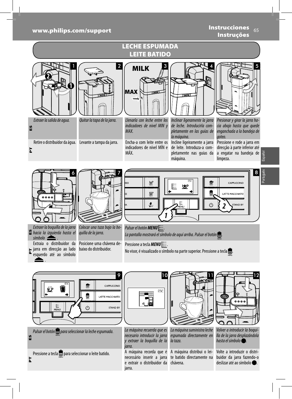 Milk, Leche espumada leite batido | Philips Saeco Moltio Machine espresso Super Automatique User Manual | Page 65 / 80