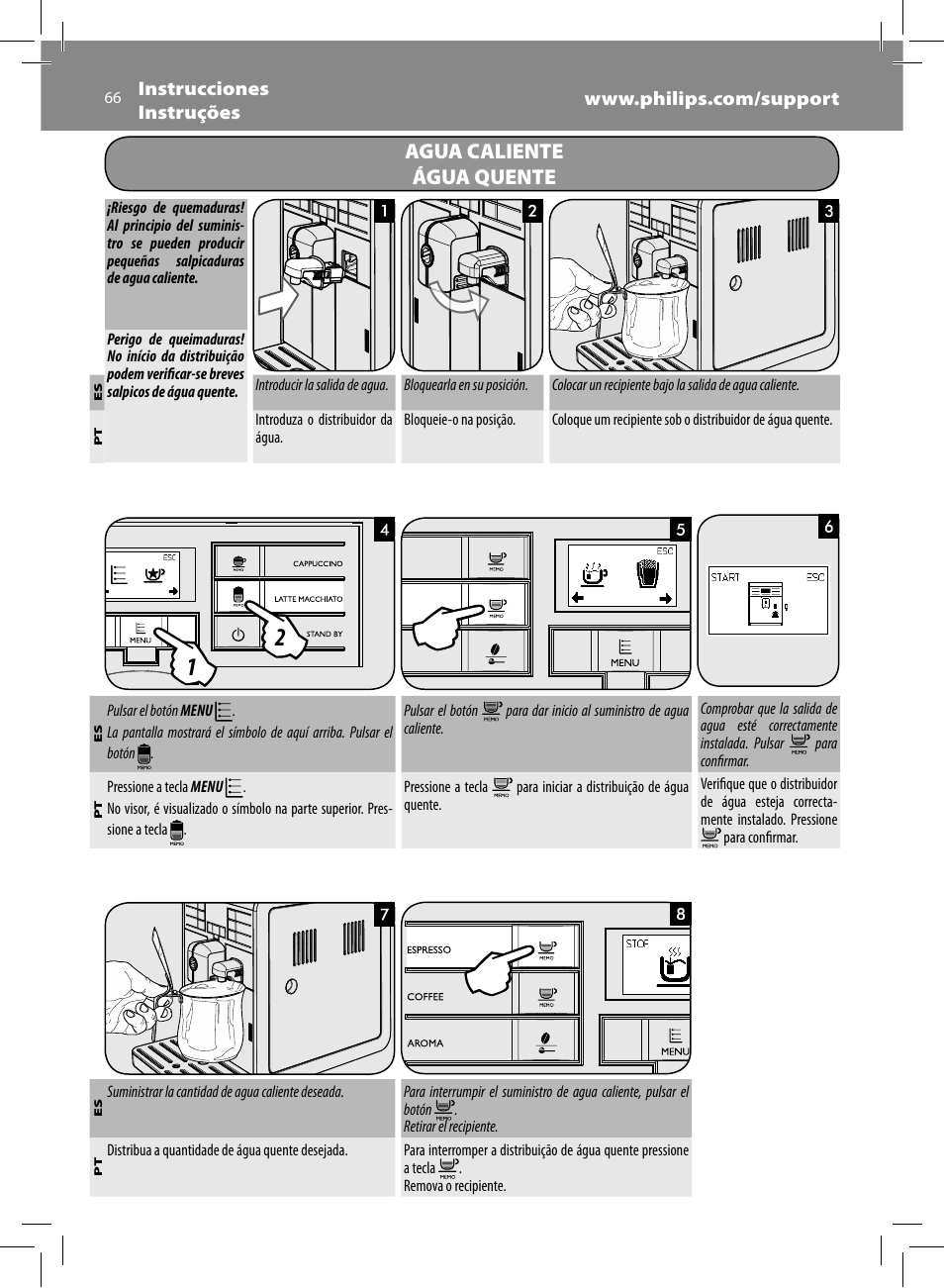 Agua caliente água quente | Philips Saeco Moltio Machine espresso Super Automatique User Manual | Page 66 / 80