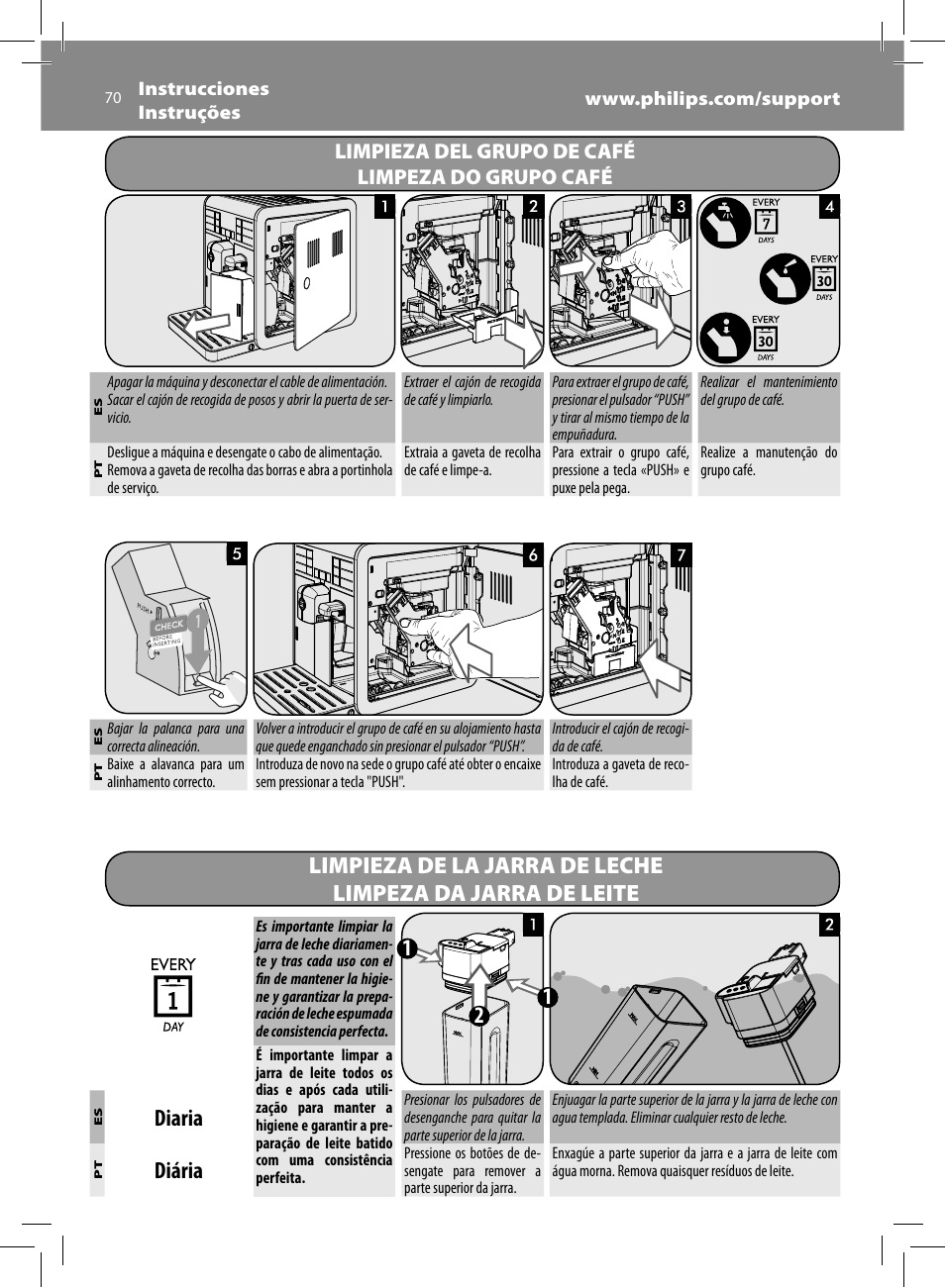 Diaria, Diária, Limpieza del grupo de café limpeza do grupo café | Philips Saeco Moltio Machine espresso Super Automatique User Manual | Page 70 / 80