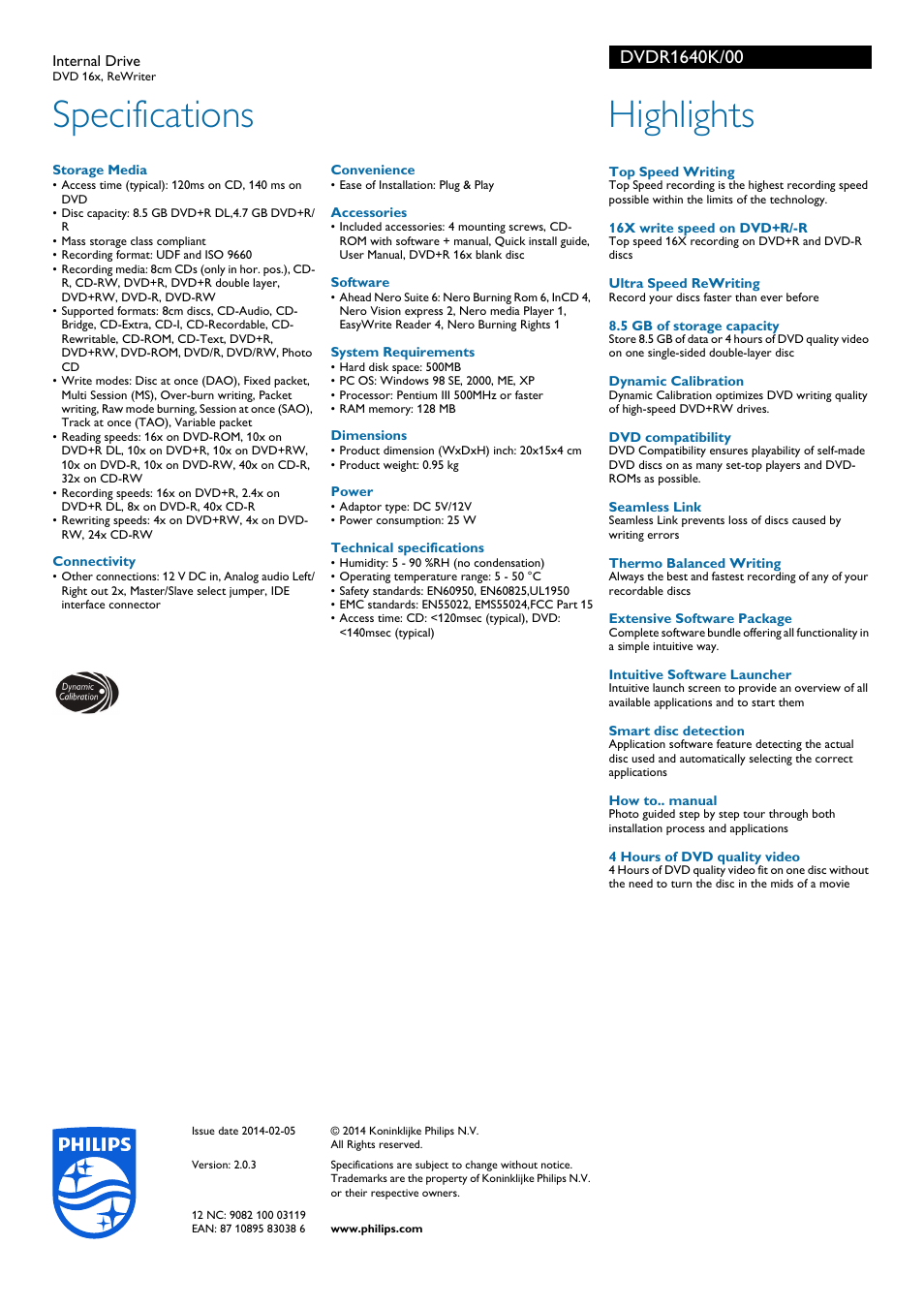 Specifications, Highlights | Philips Lecteur interne User Manual | Page 2 / 2