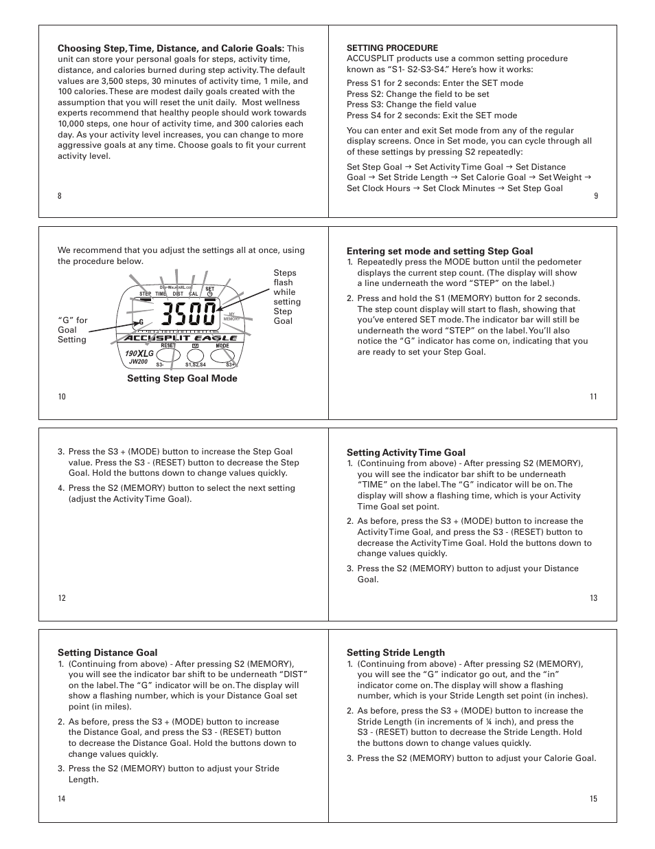 Choosing step, time, distance, and calorie goals, Setting activity time goal, Setting distance goal | Setting stride length | Accusplit Eagle AE190XLG User Manual | Page 2 / 6