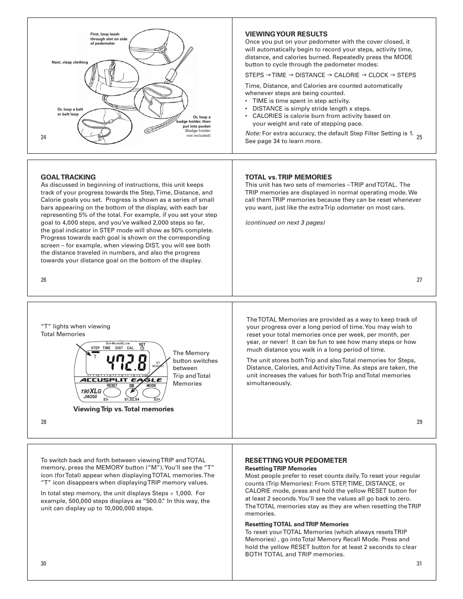 Viewing your results, Goal tracking, Resetting your pedometer | Accusplit Eagle AE190XLG User Manual | Page 4 / 6