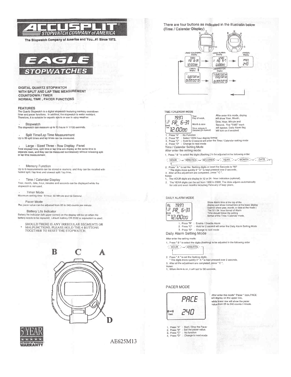 Accusplit Eagle AE625M13 User Manual | 2 pages