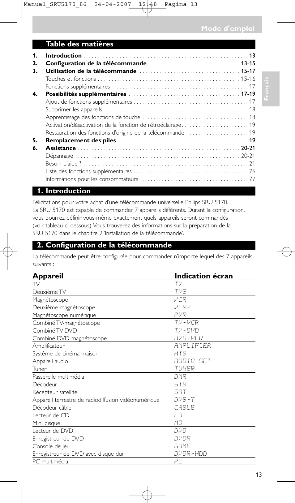 Philips Télécommande universelle User Manual | Page 13 / 80