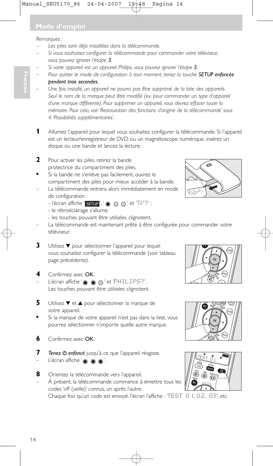 Mode d’emploi | Philips Télécommande universelle User Manual | Page 14 / 80