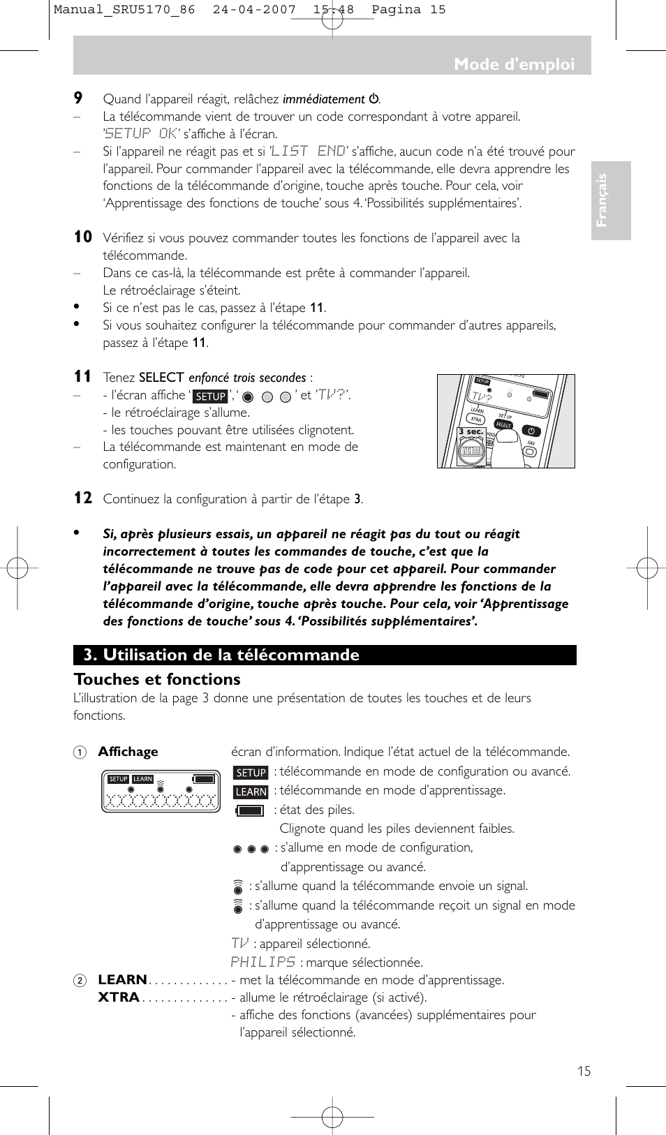 Mode d'emploi | Philips Télécommande universelle User Manual | Page 15 / 80