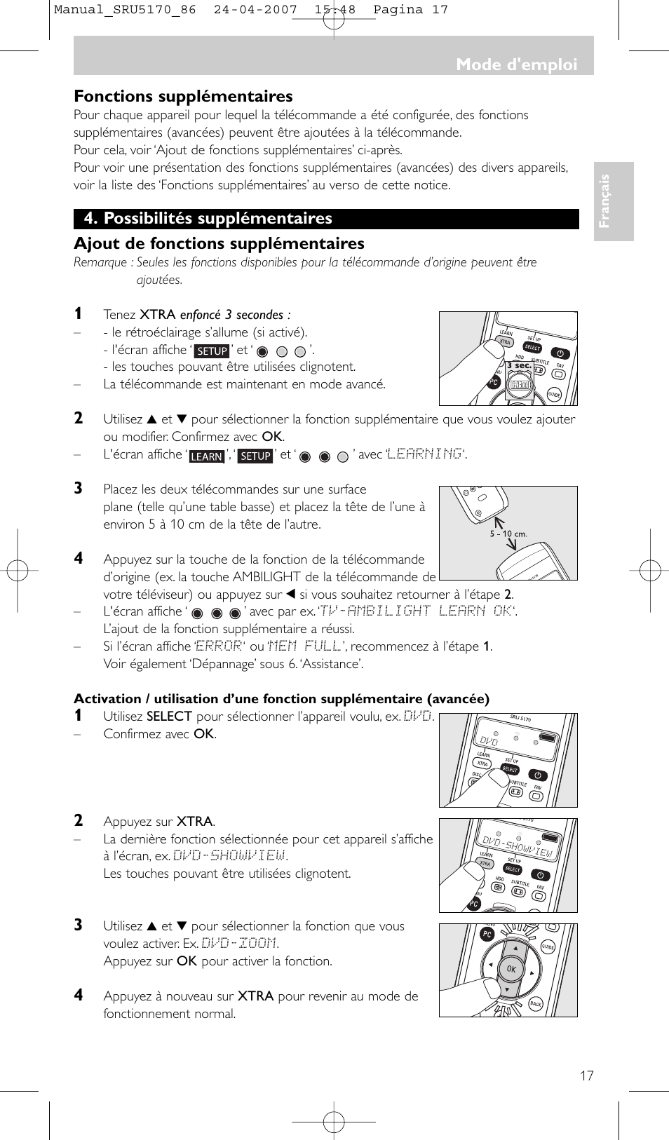 Fonctions supplémentaires, Mode d'emploi | Philips Télécommande universelle User Manual | Page 17 / 80