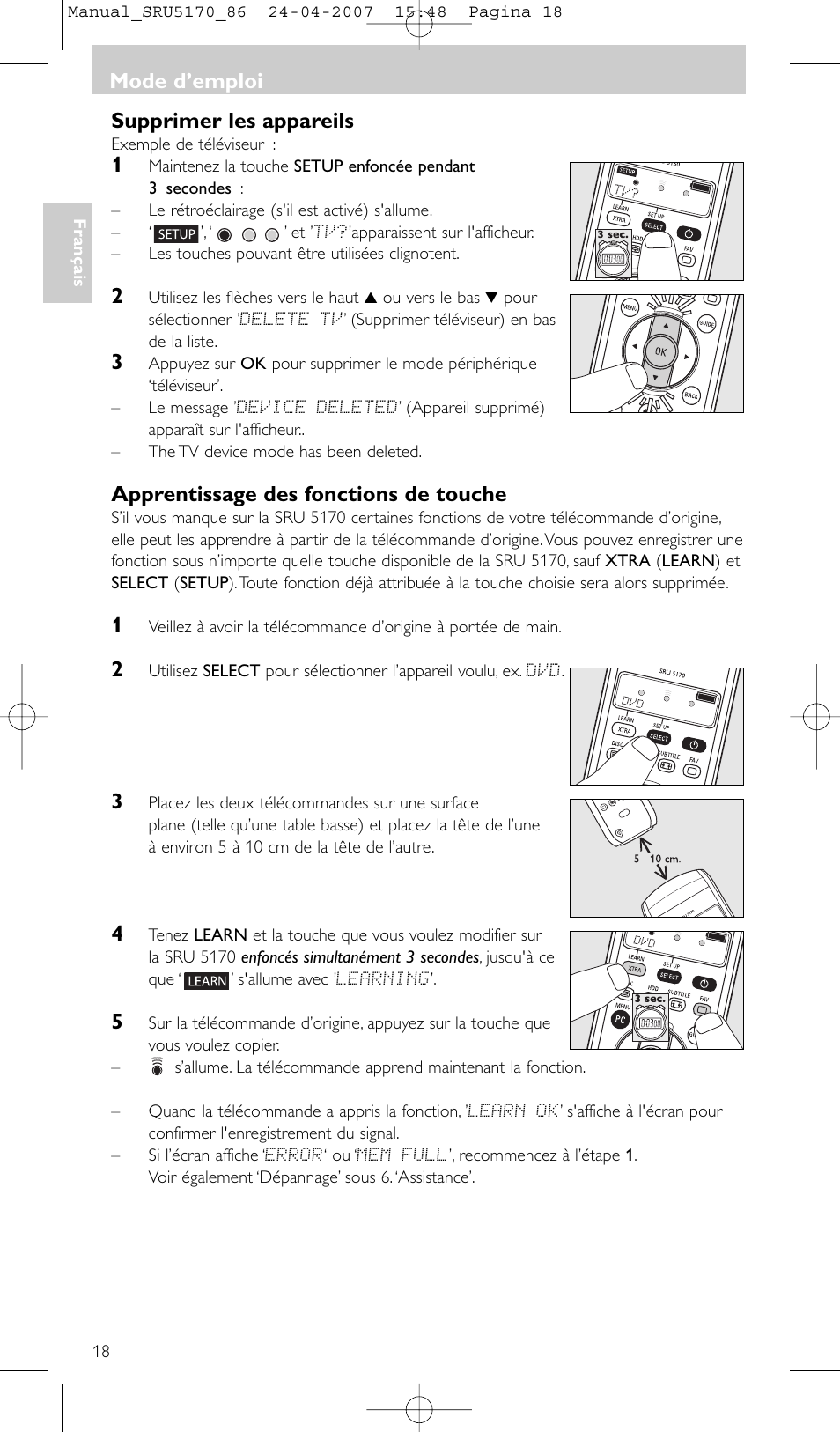 Supprimer les appareils, Apprentissage des fonctions de touche, Mode d’emploi | Philips Télécommande universelle User Manual | Page 18 / 80