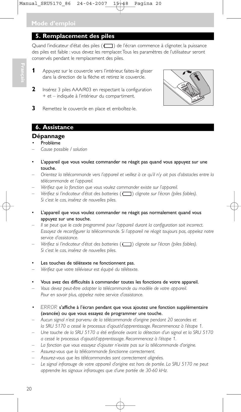 Remplacement des piles, Assistance dépannage, Mode d’emploi | Philips Télécommande universelle User Manual | Page 20 / 80