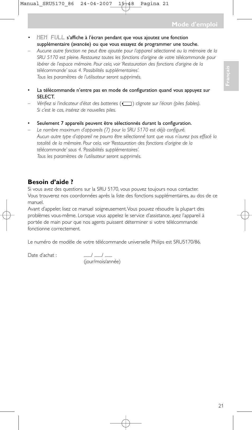 Besoin d’aide, Mode d'emploi | Philips Télécommande universelle User Manual | Page 21 / 80