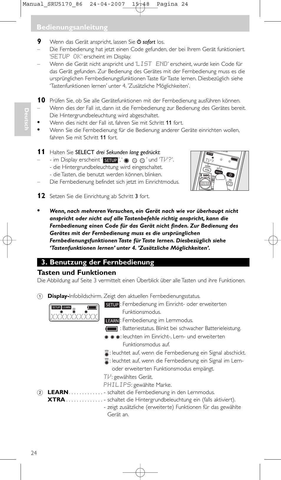 Benutzung der fernbedienung tasten und funktionen, Bedienungsanleitung | Philips Télécommande universelle User Manual | Page 24 / 80