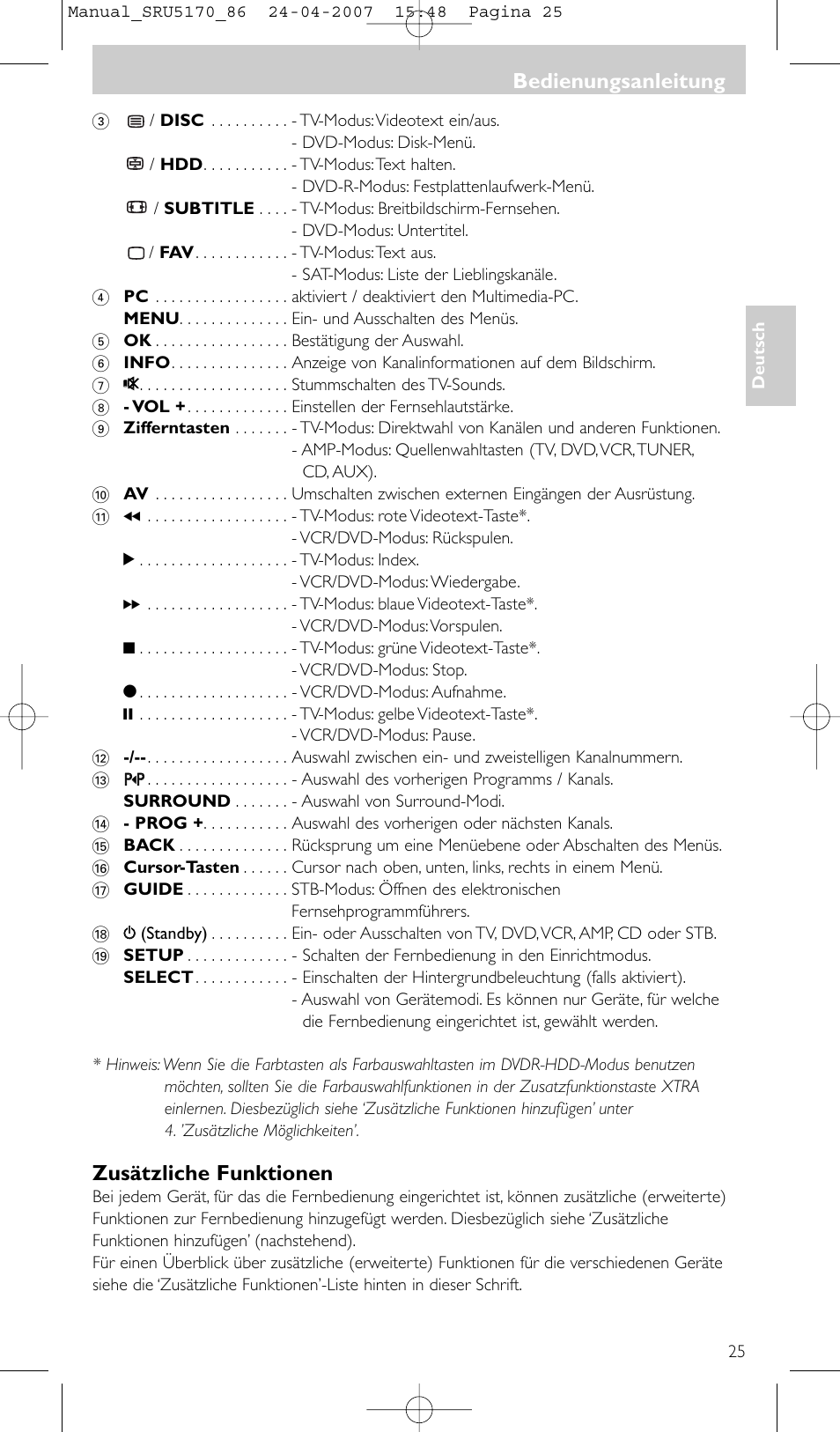 Zusätzliche funktionen, Bedienungsanleitung | Philips Télécommande universelle User Manual | Page 25 / 80