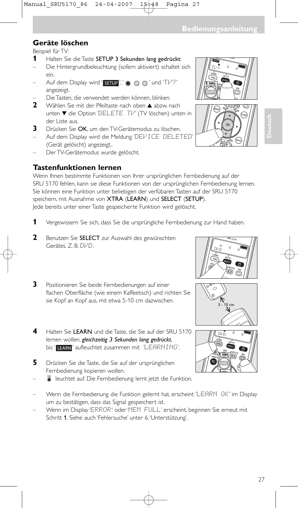 Geräte löschen, Tastenfunktionen lernen, Bedienungsanleitung | Philips Télécommande universelle User Manual | Page 27 / 80