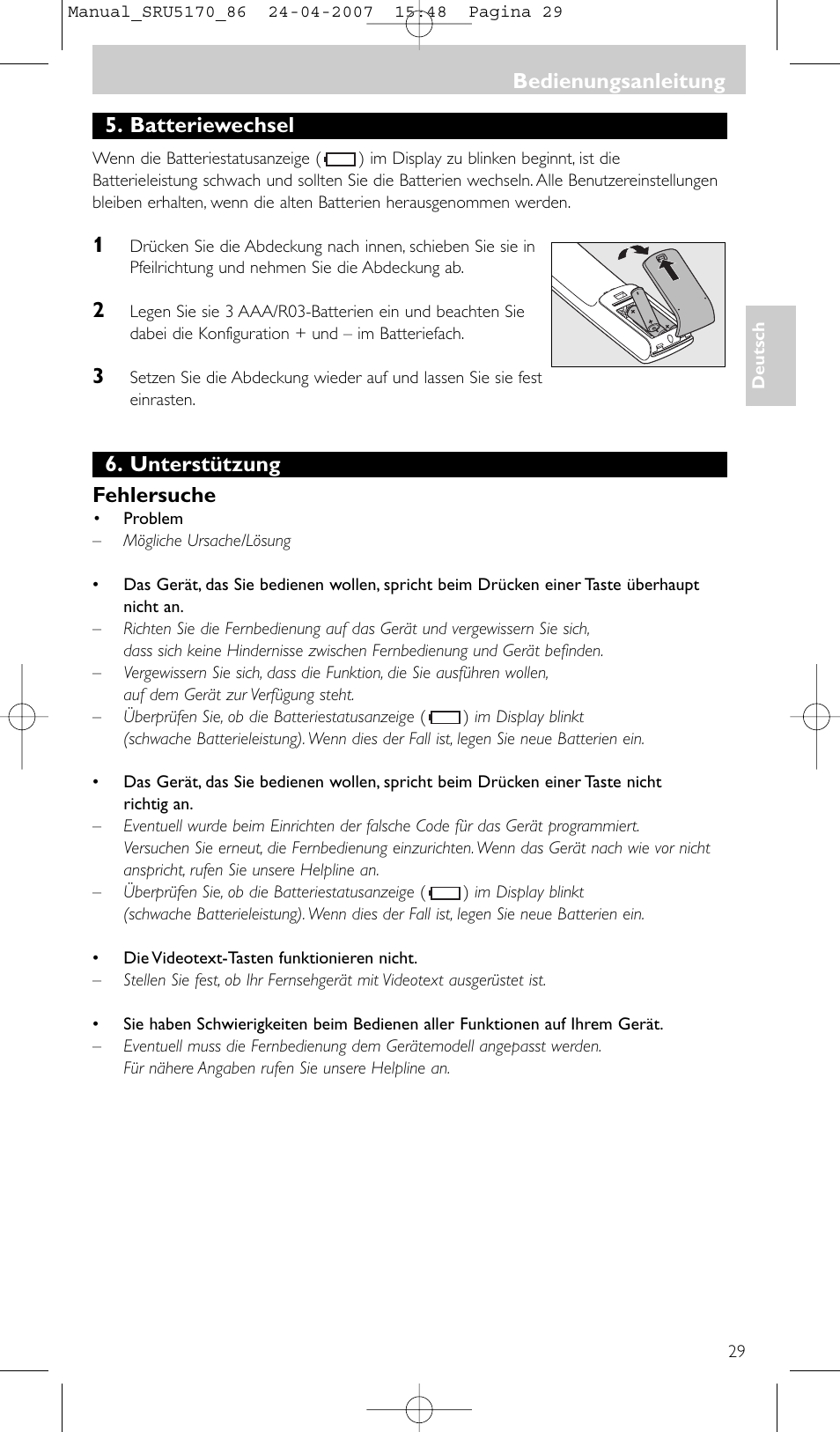 Batteriewechsel, Unterstützung fehlersuche, Bedienungsanleitung | Philips Télécommande universelle User Manual | Page 29 / 80