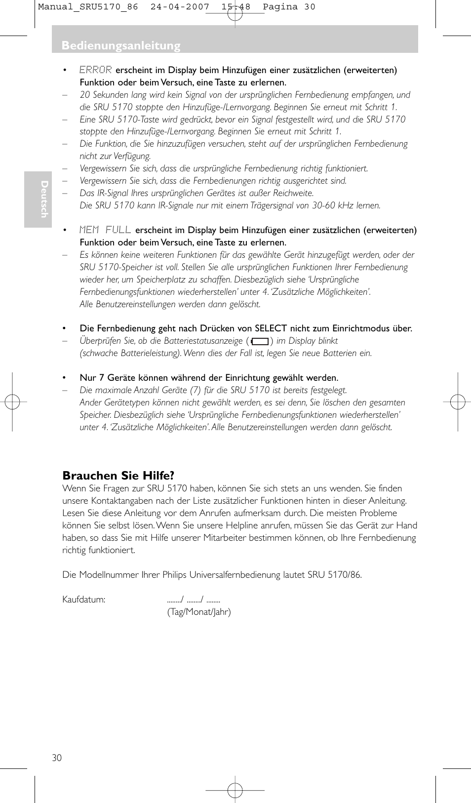 Brauchen sie hilfe, Bedienungsanleitung | Philips Télécommande universelle User Manual | Page 30 / 80