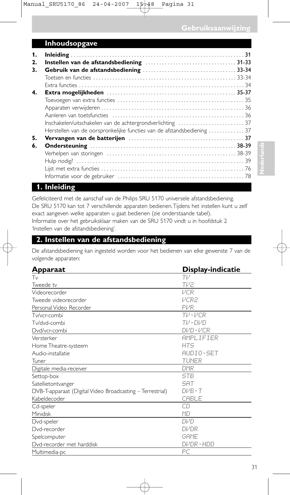 Inhoudsopgave, Inleiding, Instellen van de afstandsbediening | Apparaat display-indicatie, Gebruiksaanwijzing | Philips Télécommande universelle User Manual | Page 31 / 80