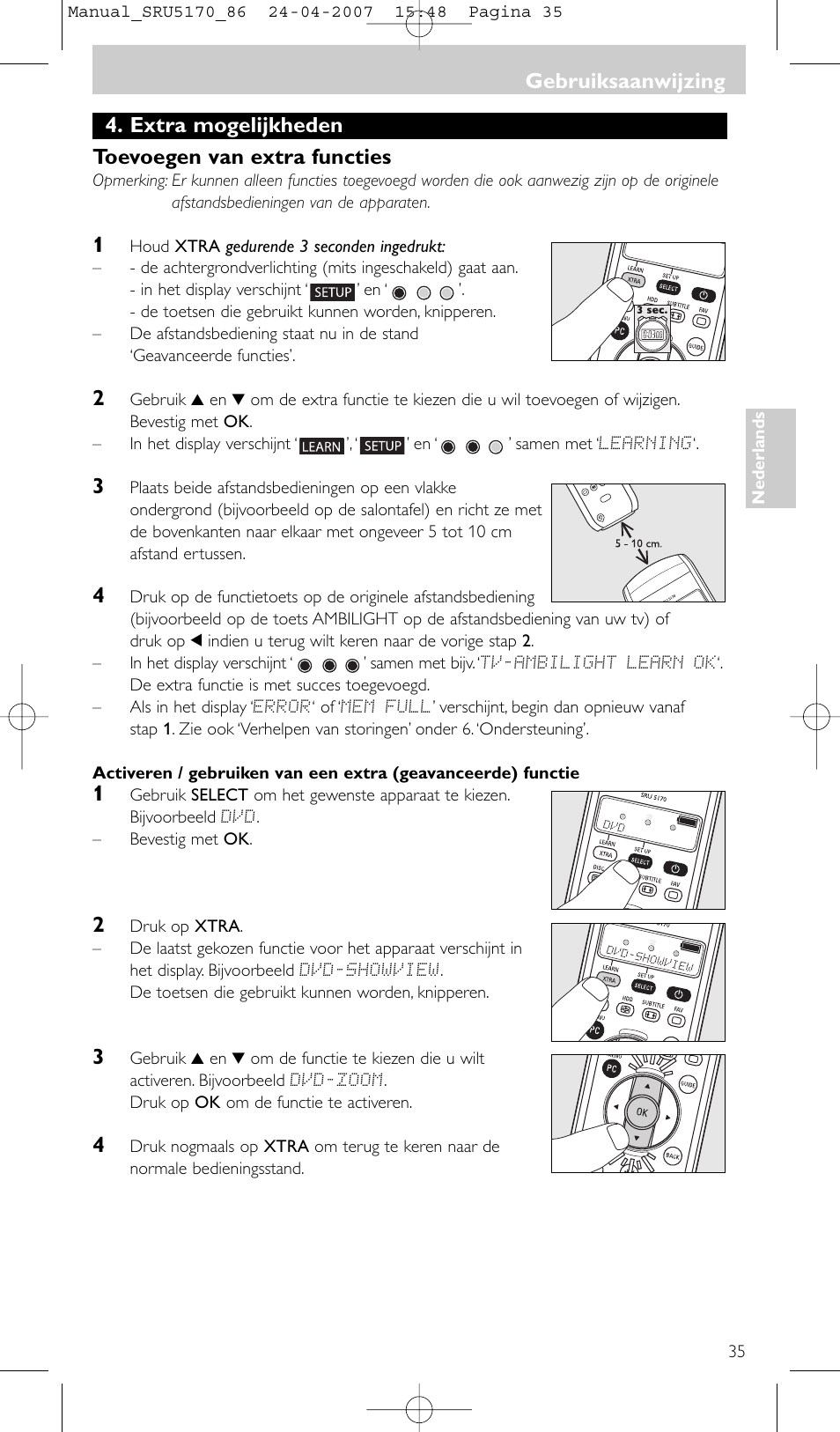 Extra mogelijkheden toevoegen van extra functies, Gebruiksaanwijzing | Philips Télécommande universelle User Manual | Page 35 / 80