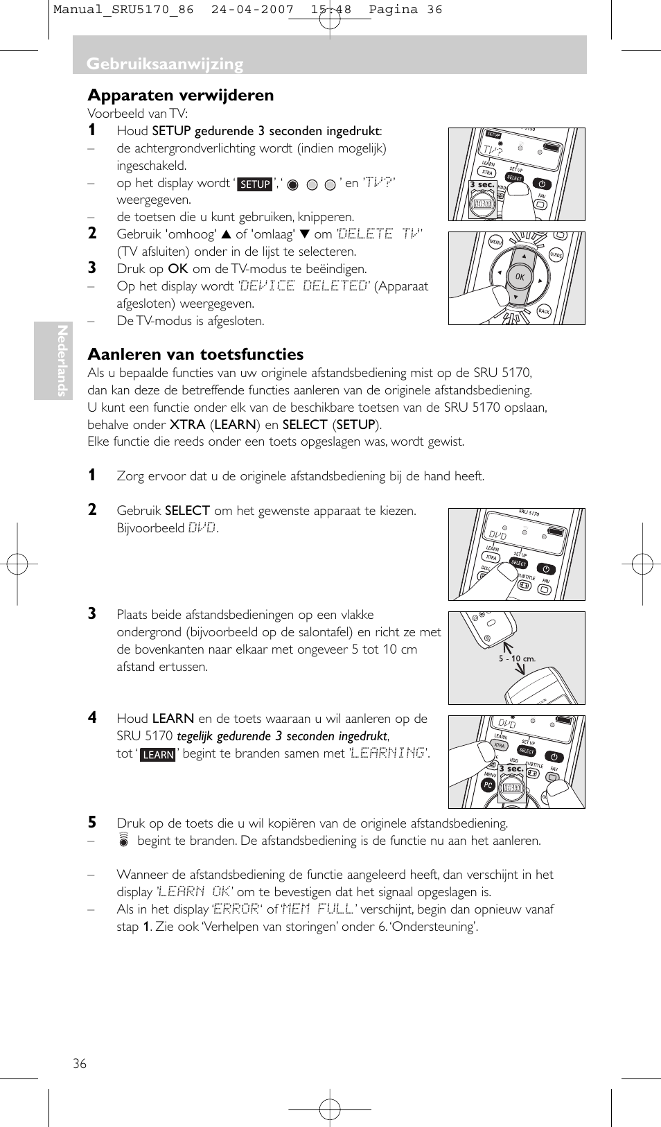 Apparaten verwijderen, Aanleren van toetsfuncties, Gebruiksaanwijzing | Philips Télécommande universelle User Manual | Page 36 / 80