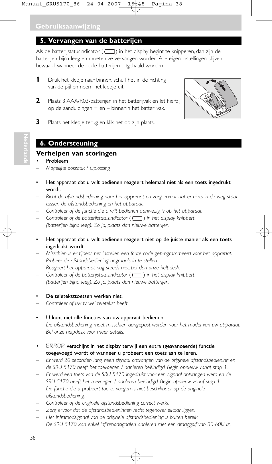 Vervangen van de batterijen, Ondersteuning verhelpen van storingen, Gebruiksaanwijzing | Philips Télécommande universelle User Manual | Page 38 / 80