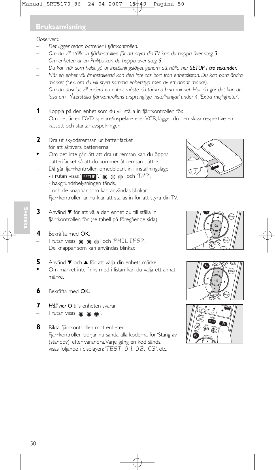 Bruksanvisning | Philips Télécommande universelle User Manual | Page 50 / 80