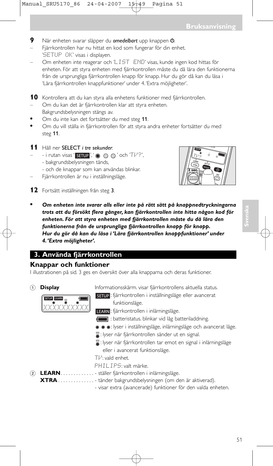 Använda fjärrkontrollen knappar och funktioner, Bruksanvisning | Philips Télécommande universelle User Manual | Page 51 / 80