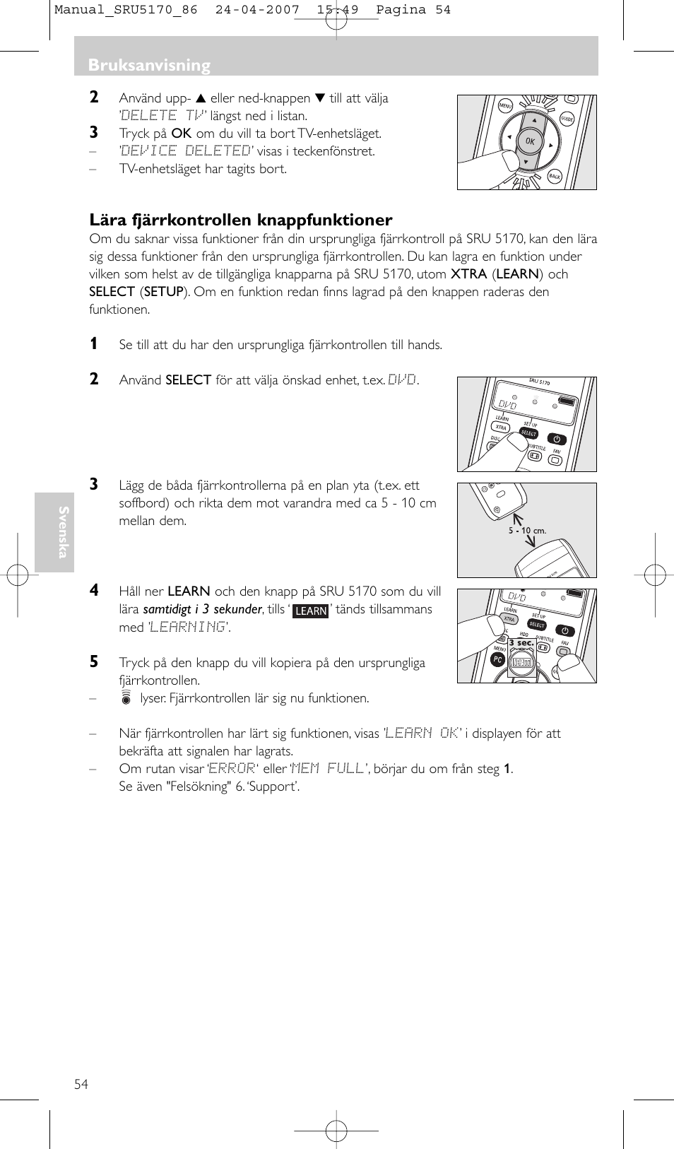 Lära fjärrkontrollen knappfunktioner, Bruksanvisning | Philips Télécommande universelle User Manual | Page 54 / 80