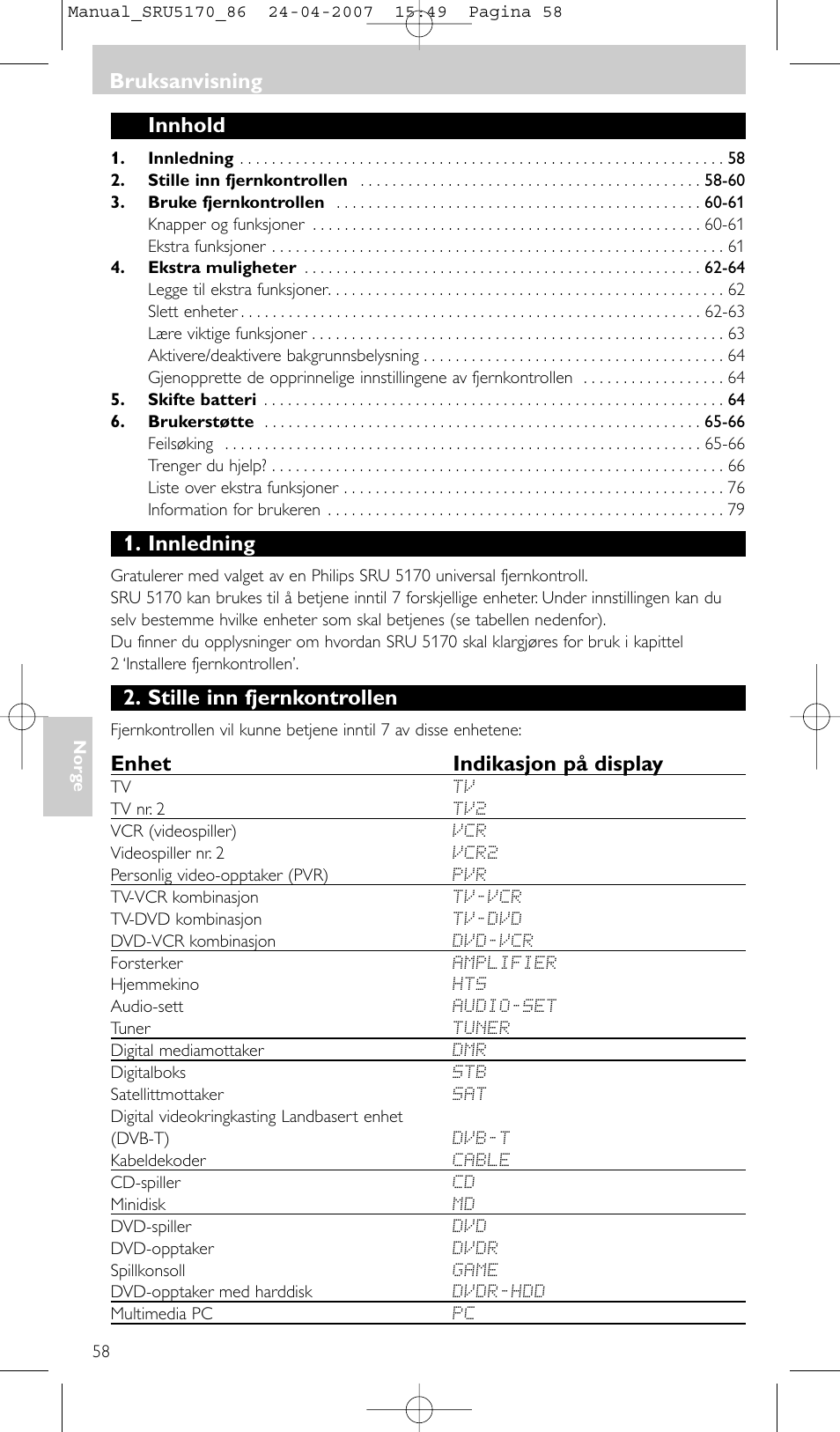 Innhold, Innledning, Stille inn fjernkontrollen | Enhet indikasjon på display, Bruksanvisning | Philips Télécommande universelle User Manual | Page 58 / 80