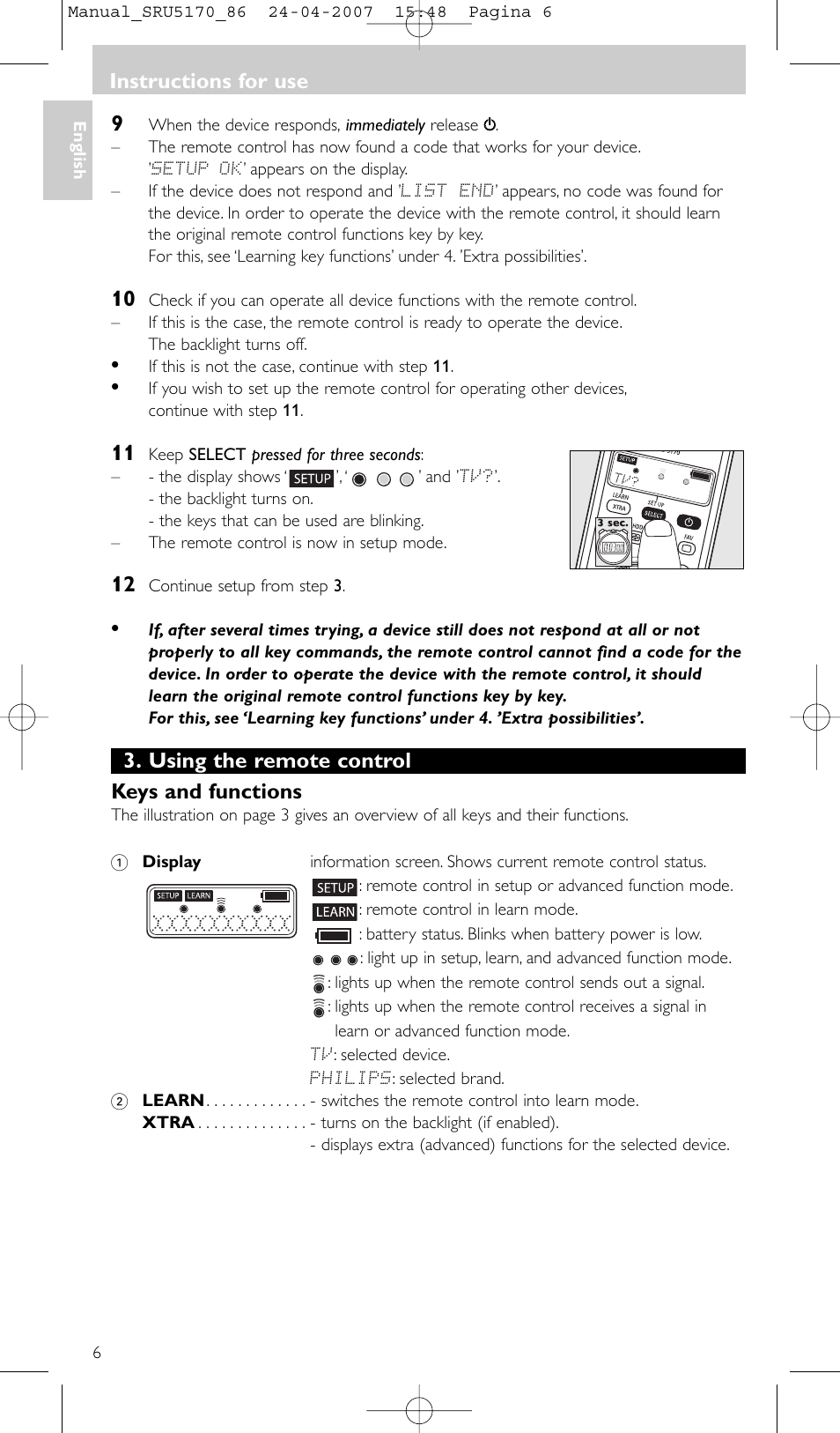 Using the remote control keys and functions, Instructions for use | Philips Télécommande universelle User Manual | Page 6 / 80